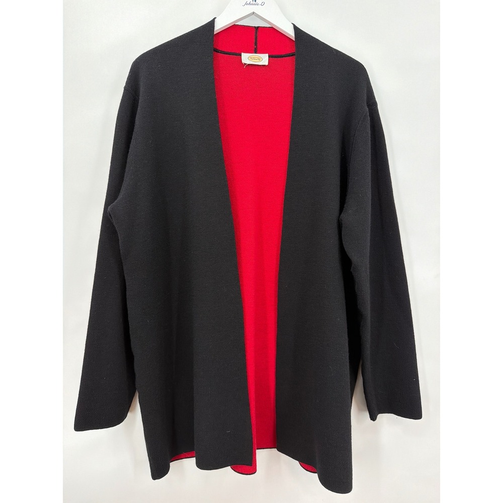 Talbots Merino Wool Blend Open Front Cardigan Sweater Black Red Longline Large